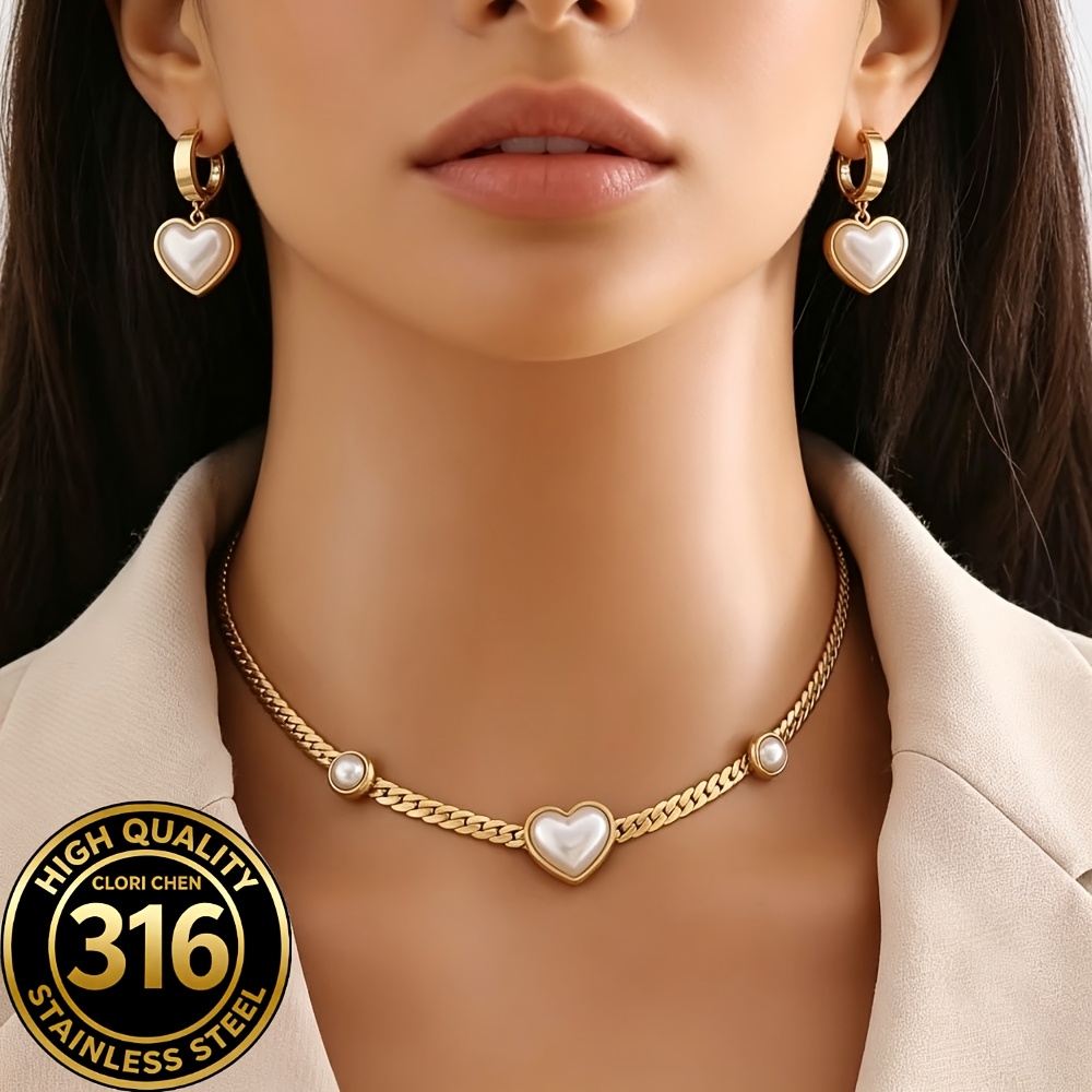 3pcs 18K Golden Plated Imitation Pearl Heart Jewelry Set